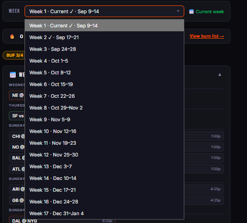 Week selection dropdown with all 17 weeks